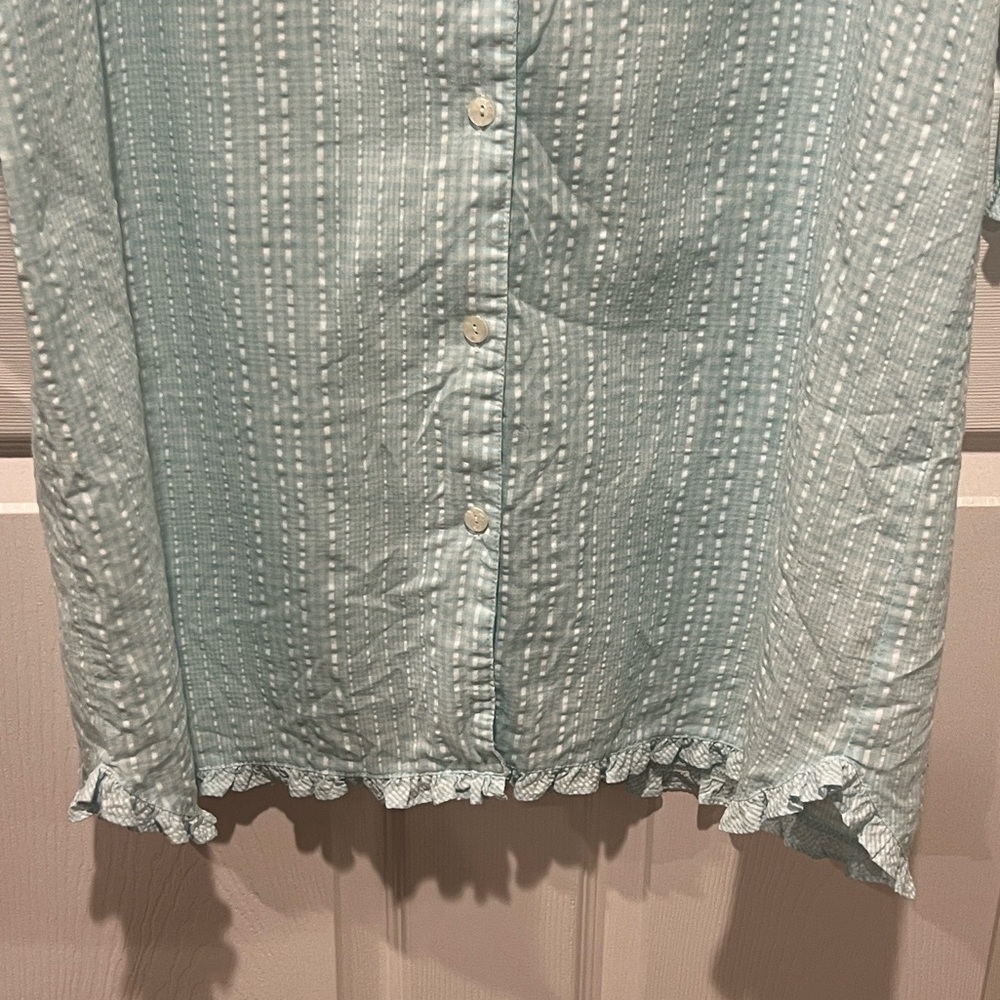 Miss Elaine Aqua and white seersucker long sleeve button down night shirt Large - Picture 5 of 7